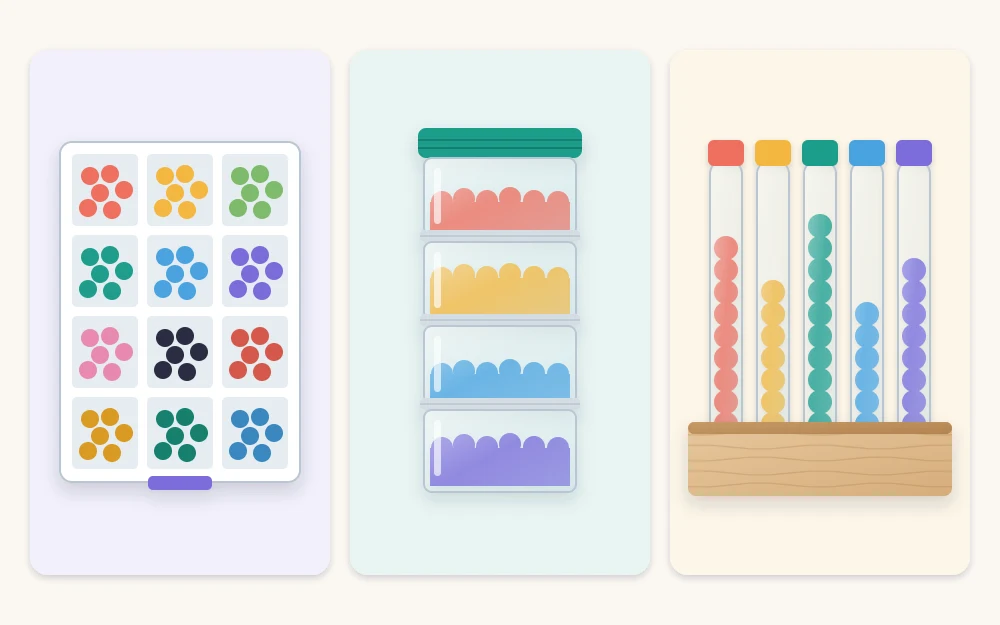 Three options side by side: a flat compartment box with dividers, stacked round screw-together containers, upright clear tubes in a holder
