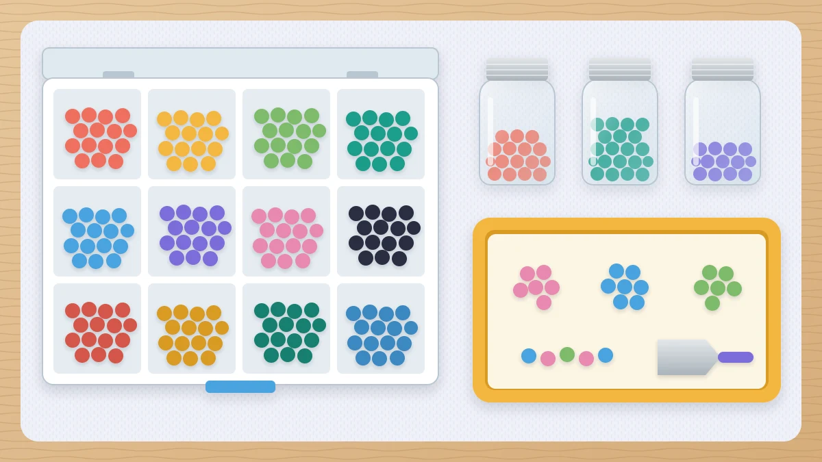 An open compartment box with one bead color per section, beside three small screw-top jars of beads and a rimmed sorting tray