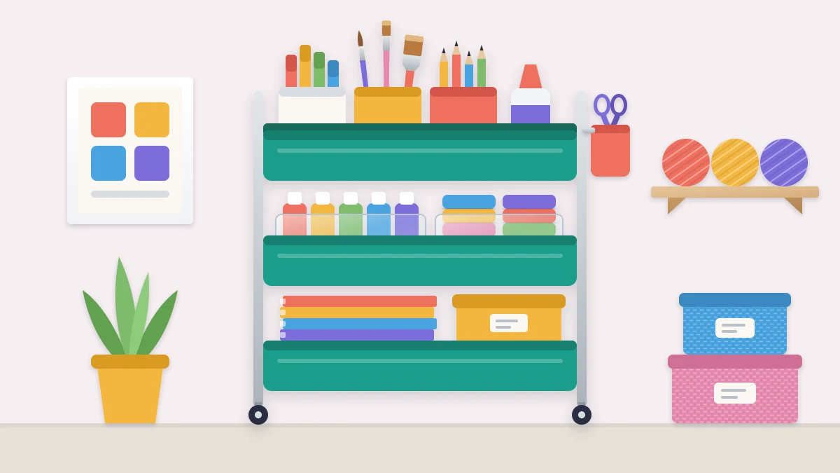 A teal three-tier rolling cart with cups of markers and brushes on top, small bins of paint and tape in the middle, and paper pads and a box below