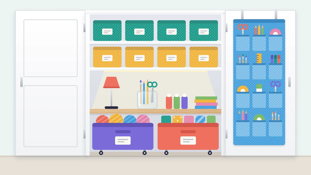 An open closet fitted as a craft station with matching bins on upper shelves, a desk-height shelf with a lamp, rolling bins on the floor and a door pocket organizer