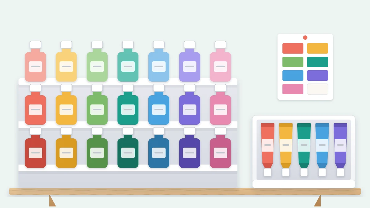 A three-step tiered riser holding small paint bottles arranged from warm to cool colors, with a shallow tray of paint tubes beside it