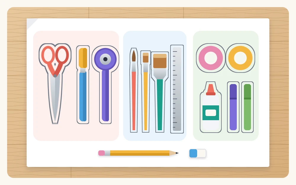 Tools laid out on a large sheet of paper on the floor in three clusters, with pencil outlines drawn around each tool
