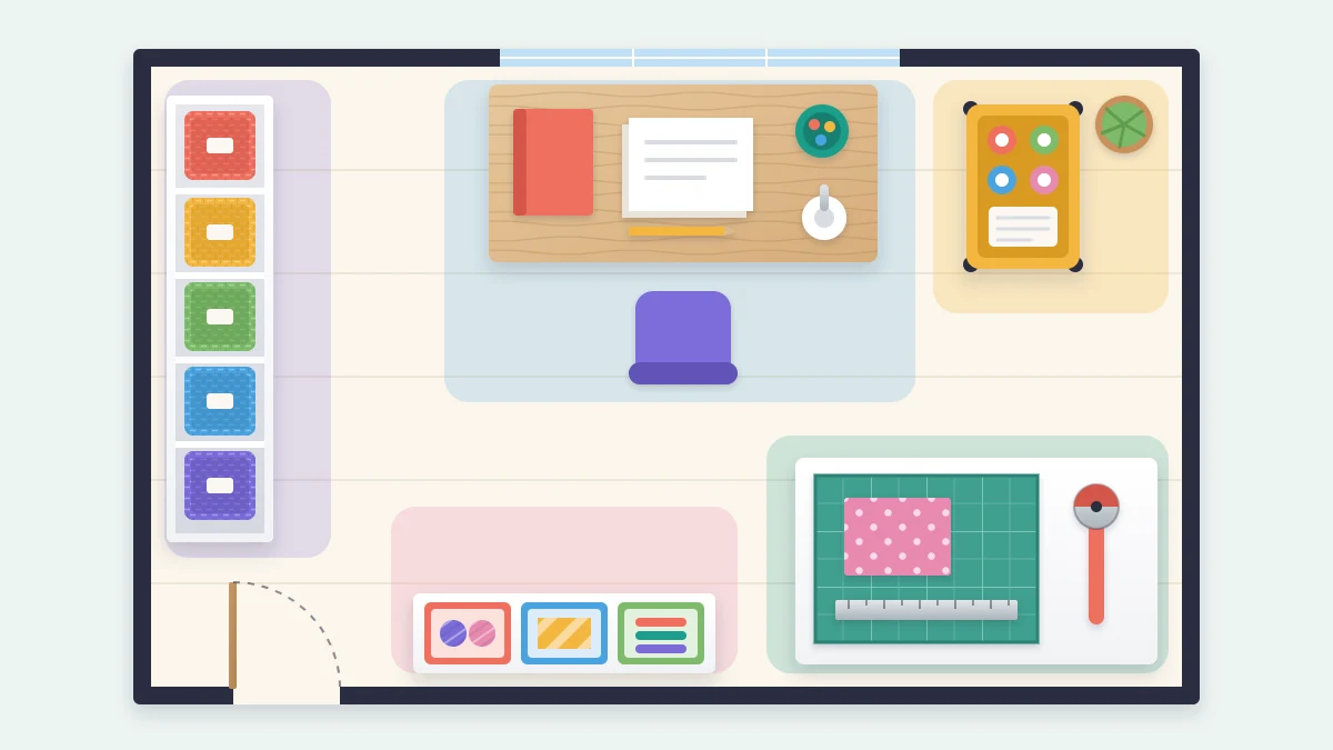 Top-down floor plan of a craft room with colored zones, a work table by the window, a wall shelf unit, a cart and a corner cutting table