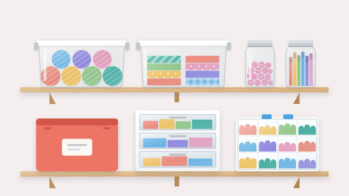 A shelf with two clear lidded boxes, a coral fabric bin, a small three-drawer unit, a compartment box and two glass jars
