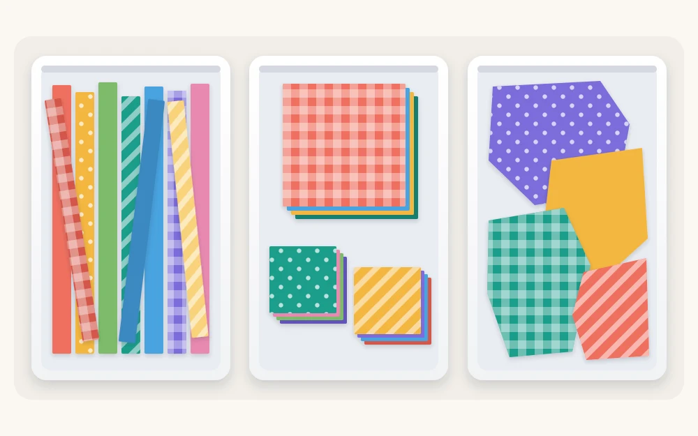 Seen from above, a pile of long fabric strips, a stack of cut squares in two sizes, and larger irregular pieces, each on its own tray