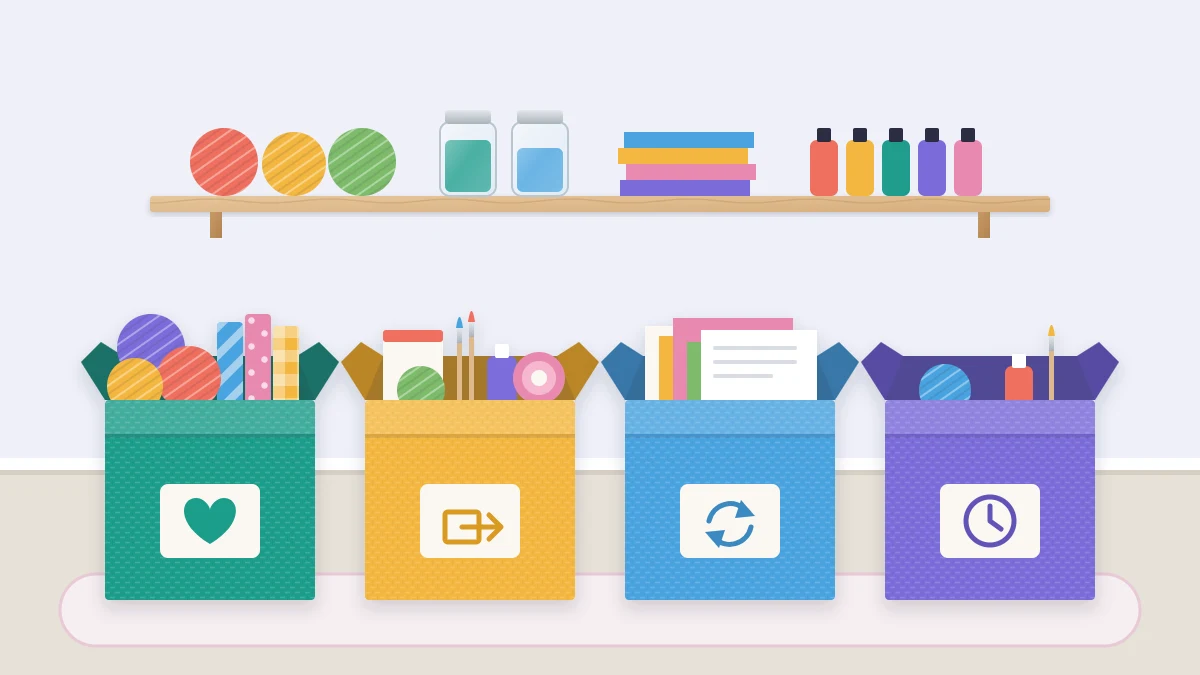 Four open boxes in different colors in a row on the floor, with yarn, fabric, paper and other craft supplies sorted into them