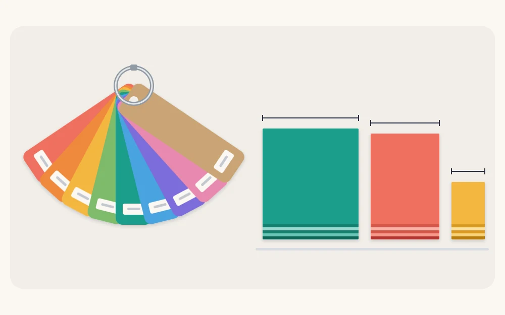 A metal ring holding a fan of small cardstock swatches in many colors, next to three short stacks of cardstock in different sheet sizes