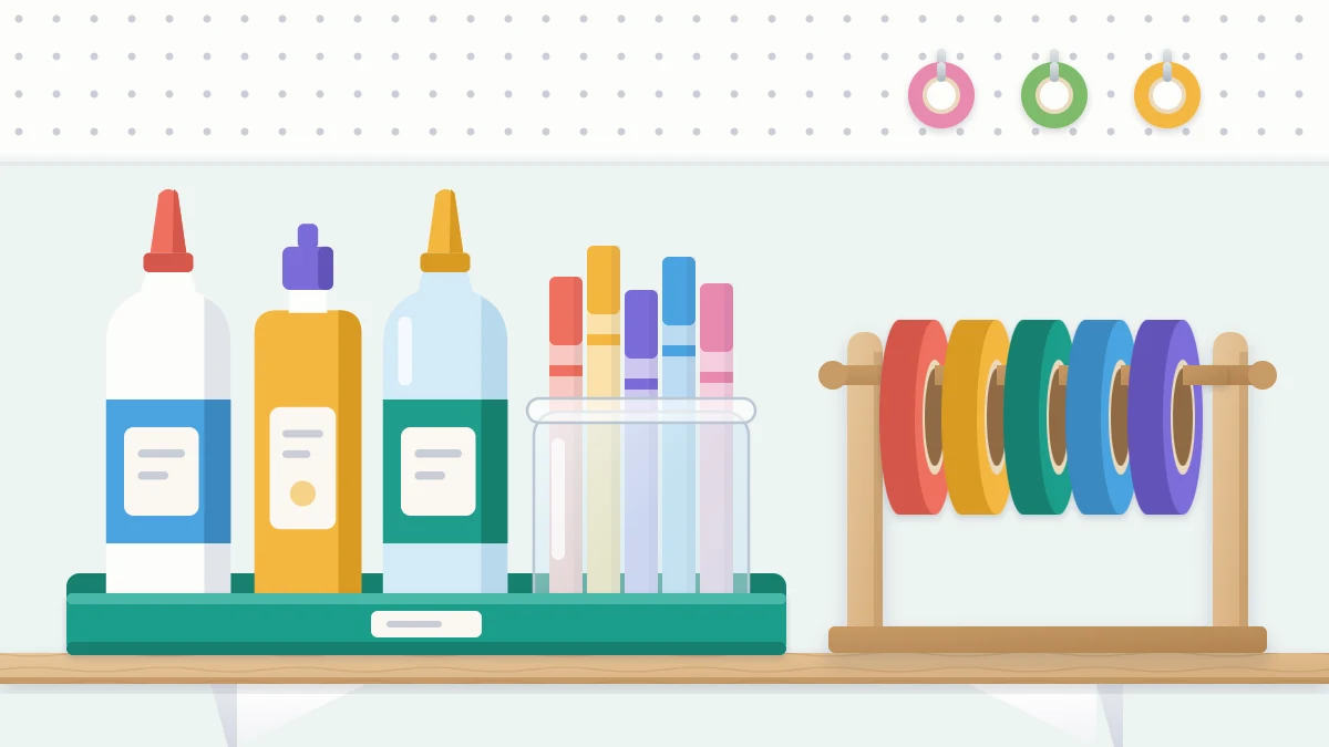 A shallow tray holding upright capped glue bottles, a jar of glue sticks and a short dowel rack threaded with colorful tape rolls
