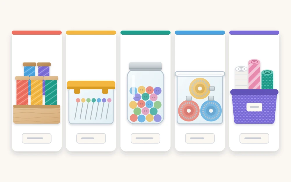 Five small containers in a row holding thread spools, a lidded pin box, a jar of buttons, coiled zippers, and rolled elastic and trim