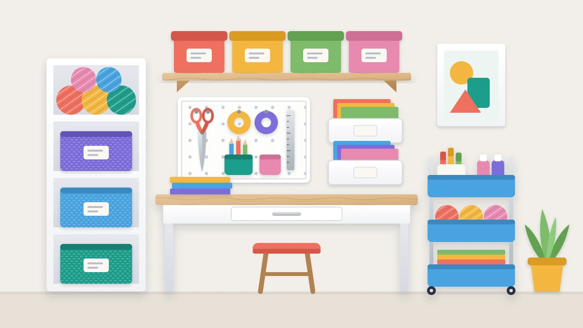 A compact craft corner with a narrow desk under a wall shelf of boxes, a small pegboard panel of tools and a slim three-tier rolling cart