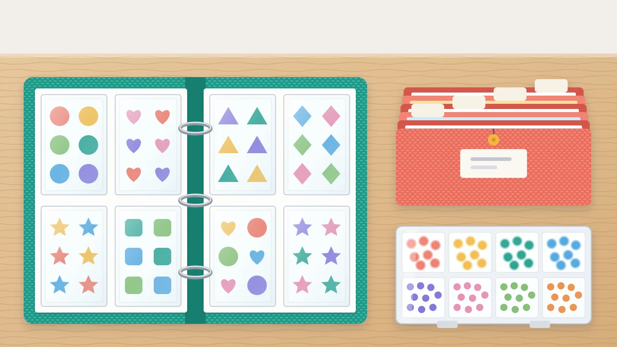 An open ring binder with clear pocket pages of sticker sheets beside an accordion file and a compartment box of sequins and enamel dots